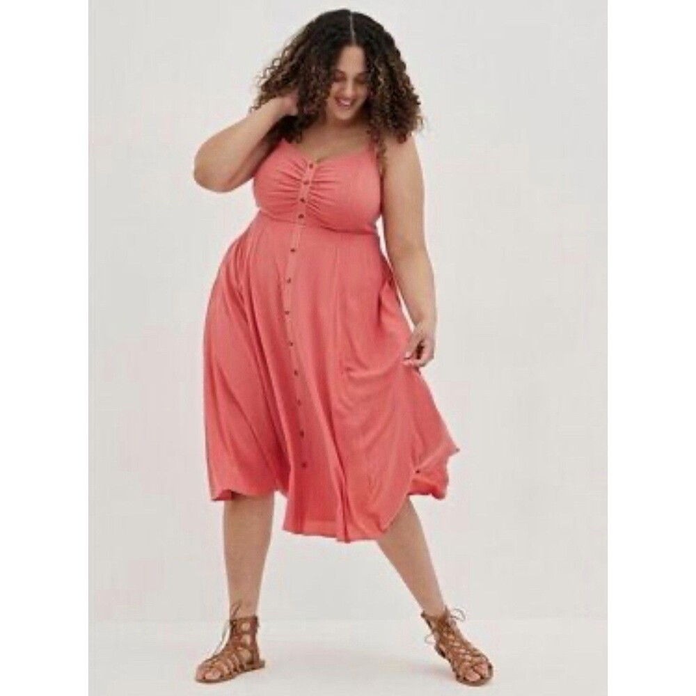 Torrid Women's 2XL Coral Solid Midi Sundress V-Neck Strappy Button Front